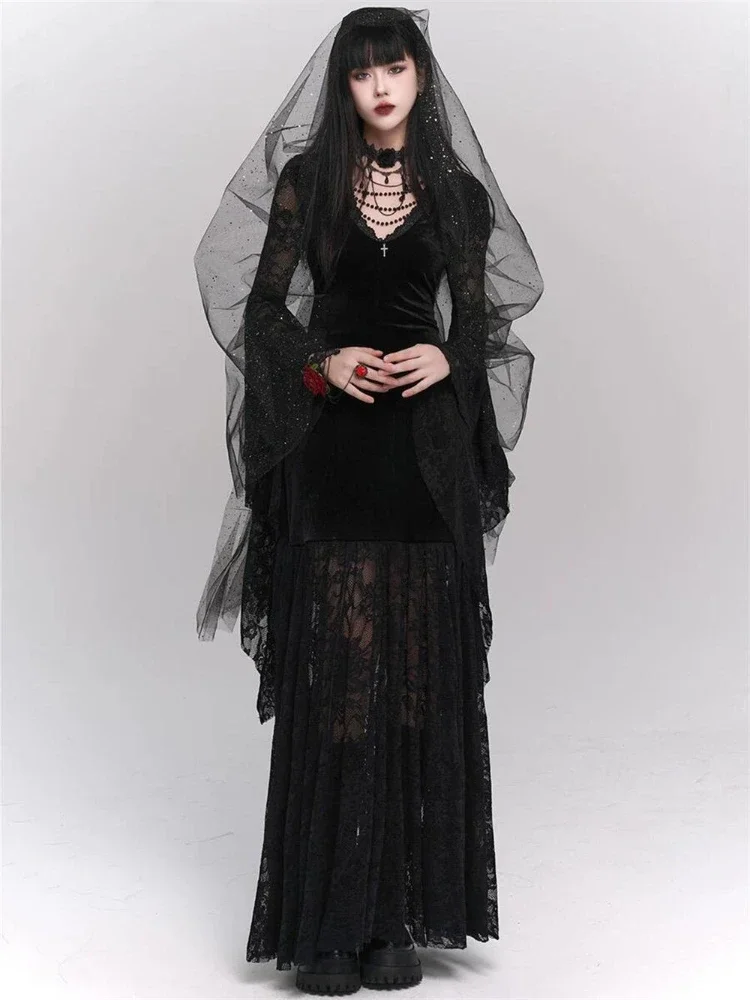 Vintage Dark Gothic Lace Splicing Long Sleeve Dress 2024 Autumn New Collection Retro Punk Elegance Slim Cake Long Dresses Women