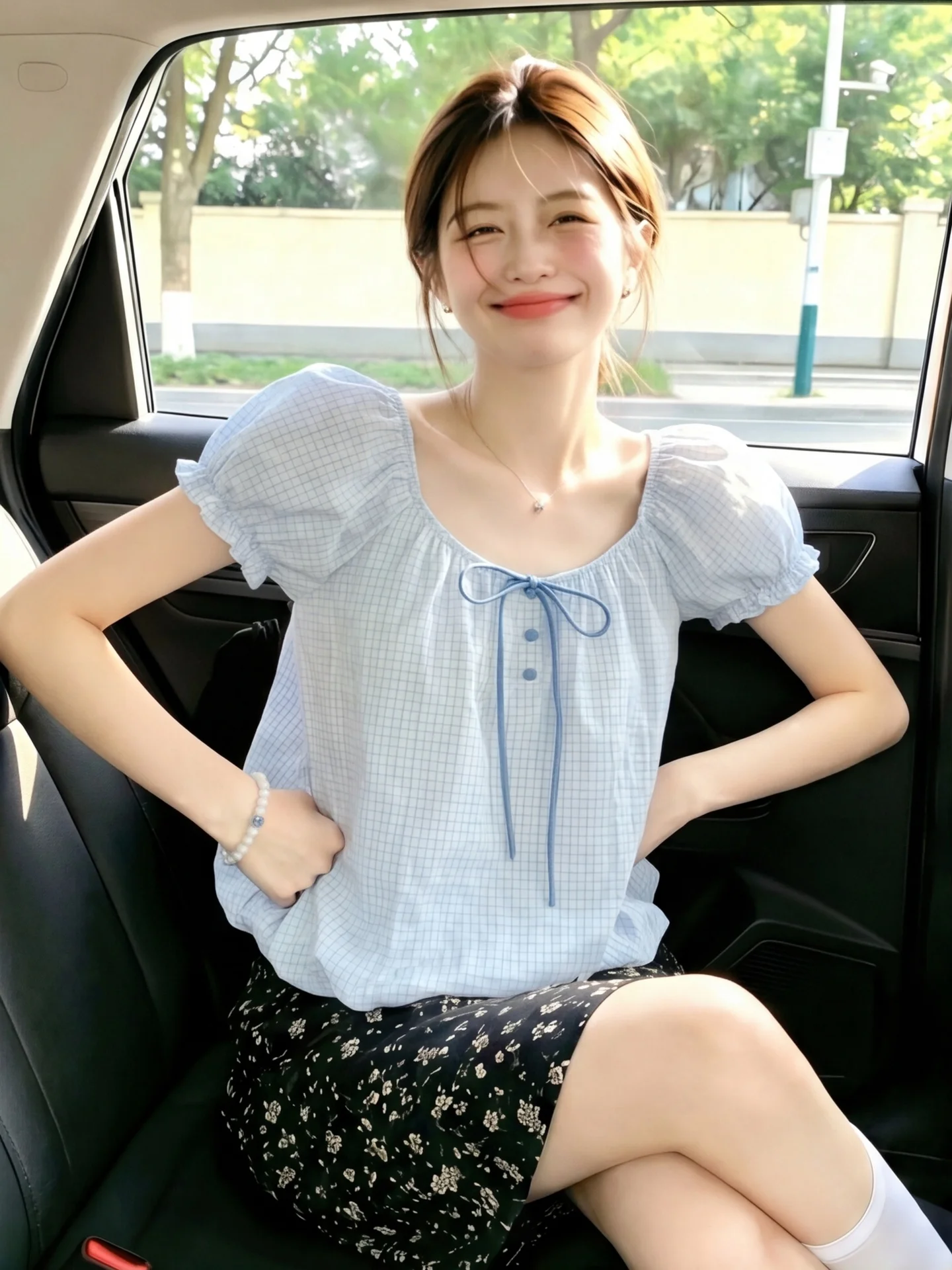 

Blue Knot Tie One Shoulder Bubble Sleeve Shirt Women's Summer New Korean Style Flower Bud Design Plaid Top