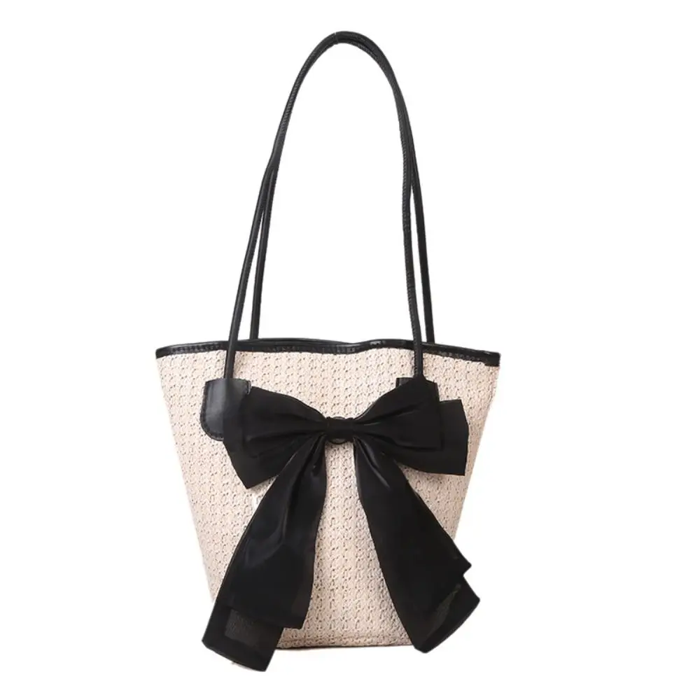 

Korean Style Bow Straw Tote Bag Vintage Woven Beach Bag Straw Bag Straw Shoulder Bag Ribbon Bucket Bag Women Woven Bag Summer