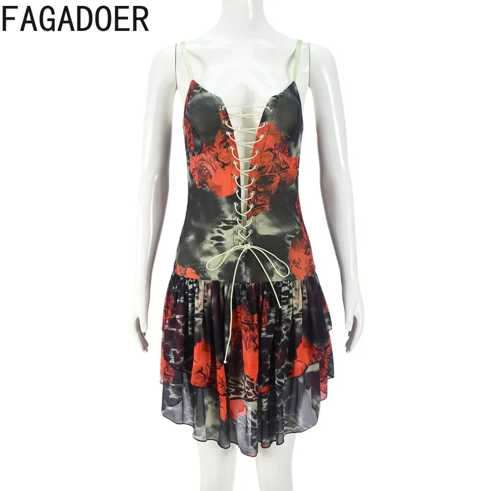 FAGADOER Y2K Sexy Flower Printing Bandage Hollow Ruffle Suspenders Mini Dresses 2024 Women Thin Strap Backless Pleated Vestidos