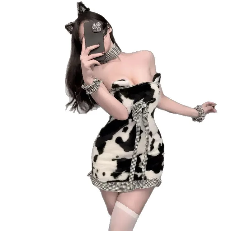 

Plus-size Sexy Soft And Cute Black And White Cow Print Strapless Dress Sexy Bodycon Dress Seductive Nightgown For Woman 02HE
