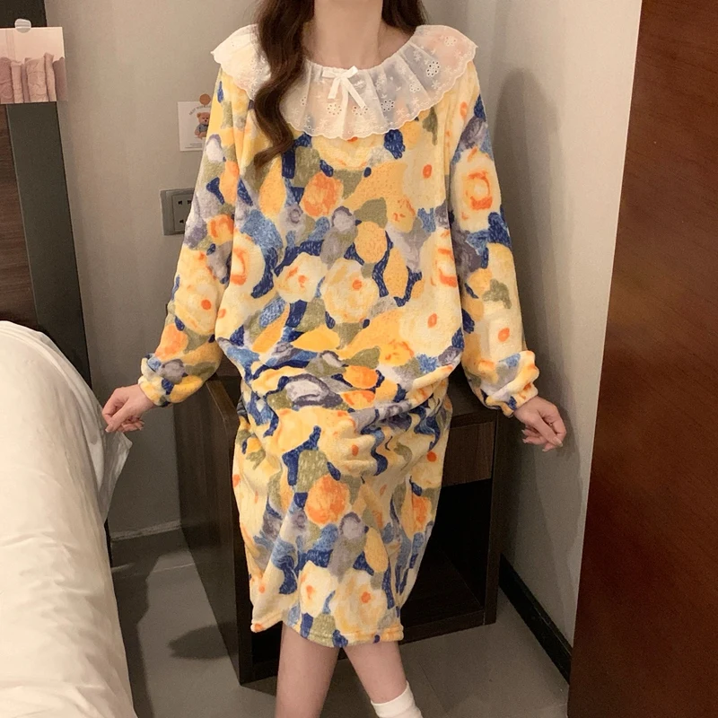 

2025 зимние толстые теплые фланелевые ночные рубашки с длинными рукавами для женщин, корейская милая одежда для сна из кораллового флиса, ночное платье, ночная рубашка, ночная рубашка