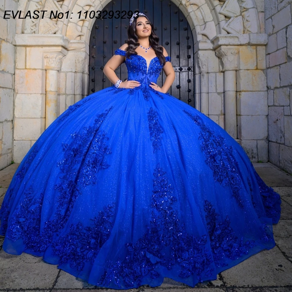 

EVLAST Customized Shiny Royal Blue Quinceanera Dress Ball Gown Lace Applique Beading Corset Sweet 16 Vestidos De 15 Anos E1QN776