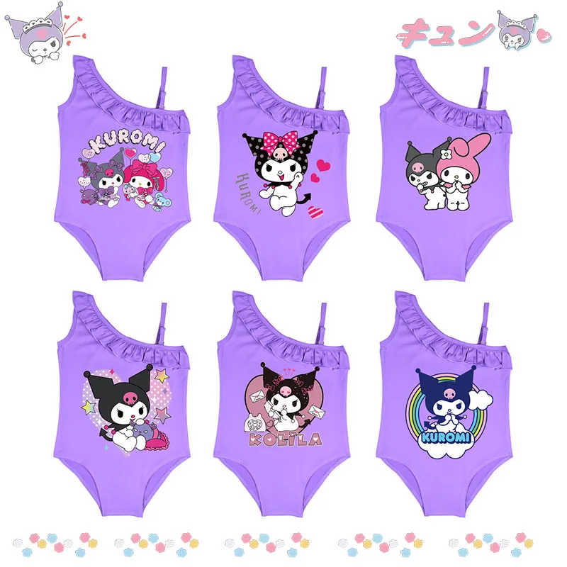 Sanrioed Kuromi Swimwear Kids Cartoon Swimsuit Girl Bikini Swimming Outfit Vacation Skirt Beach Clothes Underwear Quick Dry Gift