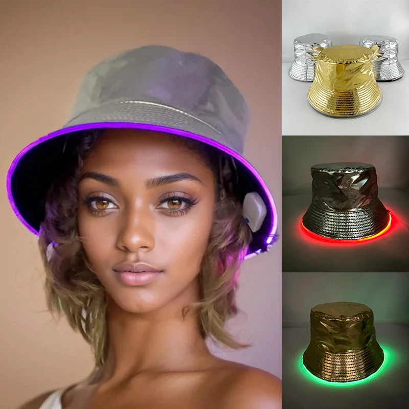 Glowing Fashion Golden Silver Fisherman Hat Outing NightClub Neon Party Novelty Gift LED Luminous Street Style Y2K Bucket Hats