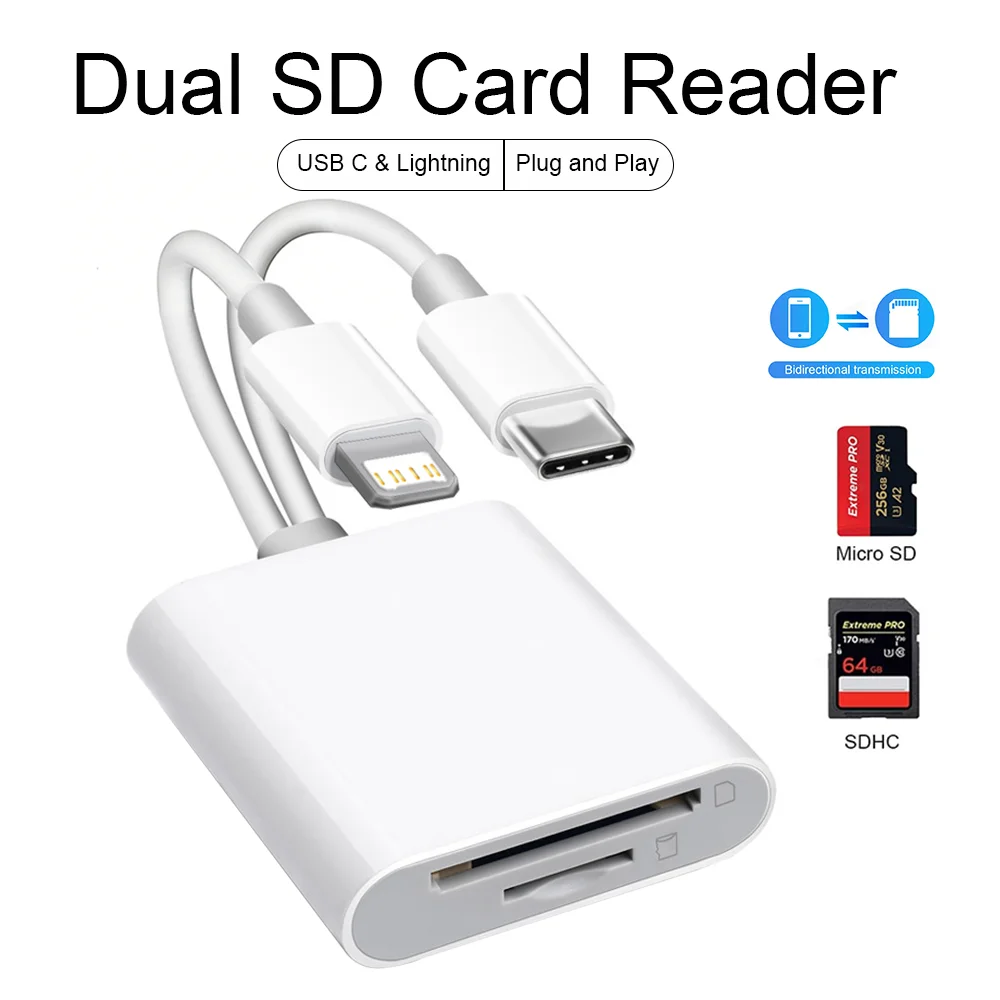 SD Memory Card Reader for iPhone USB C/Lightning Dual Interface Digital Camera Adapter to MacBook/USBC Laptop for SD/TF/Sim Card
