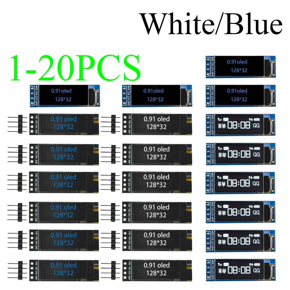 

0.91 Inch 128x32 128 32 I2C IIC Interface Serial White Blue OLED LCD Display Module 0.91" 12832 SSD1306 LCD Screen For