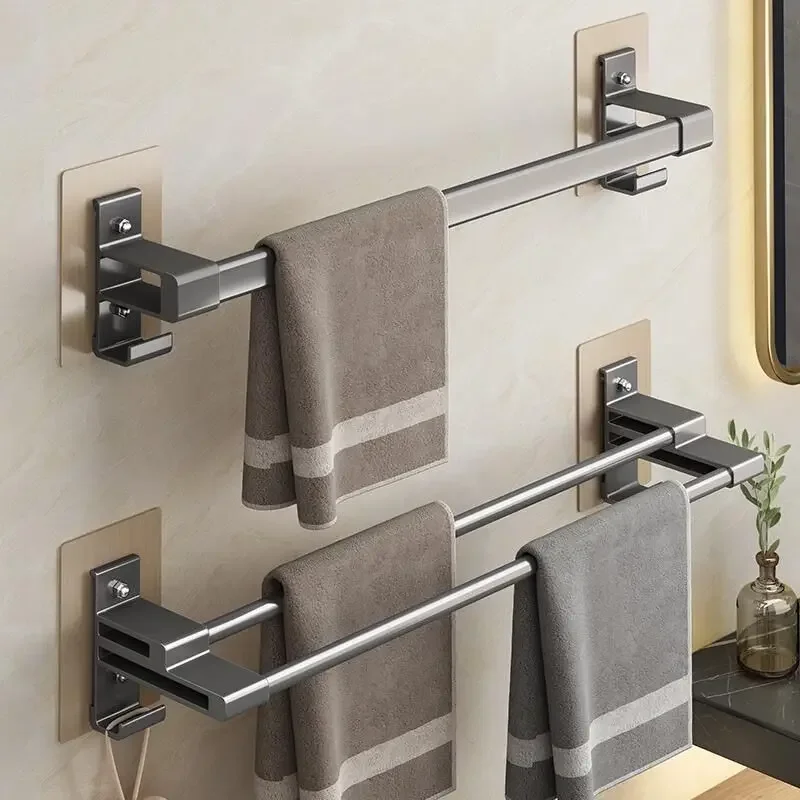 

Aluminum Wall Mounted Towel Rod, Bathroom Accessories, Towel Bar Rack, Clothes Holder Space, Double Pole Bar with Hook