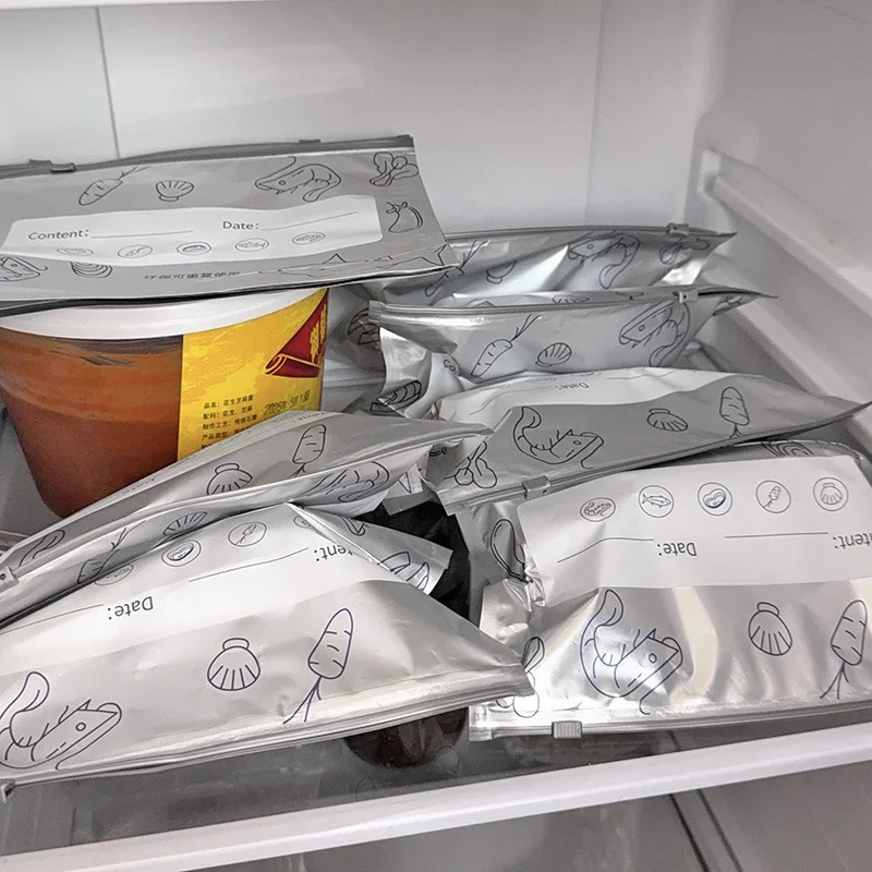 10Pcs/Bag Kitchen Aluminum Foil Fresh Bag Freezer Stand Up Zip Lock Bag Large Capacity Reusable Food Organizer Bags