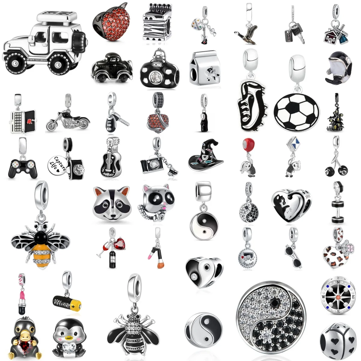 Fashion 925 Silver Black Cat, Dog, Camera, Bee, Car Pendant, Suitable for Original Bracelet DIY Exquisite Jewelry Accessories