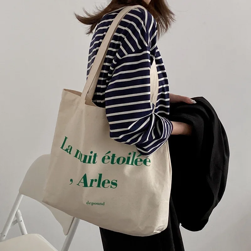 Sac à Main en Toile avec Fermeture Éclair pour Femme, Fourre-Tout Décontracté de Grande Capacité, avec Lettres Imprimées, à la Mode, Harajuku