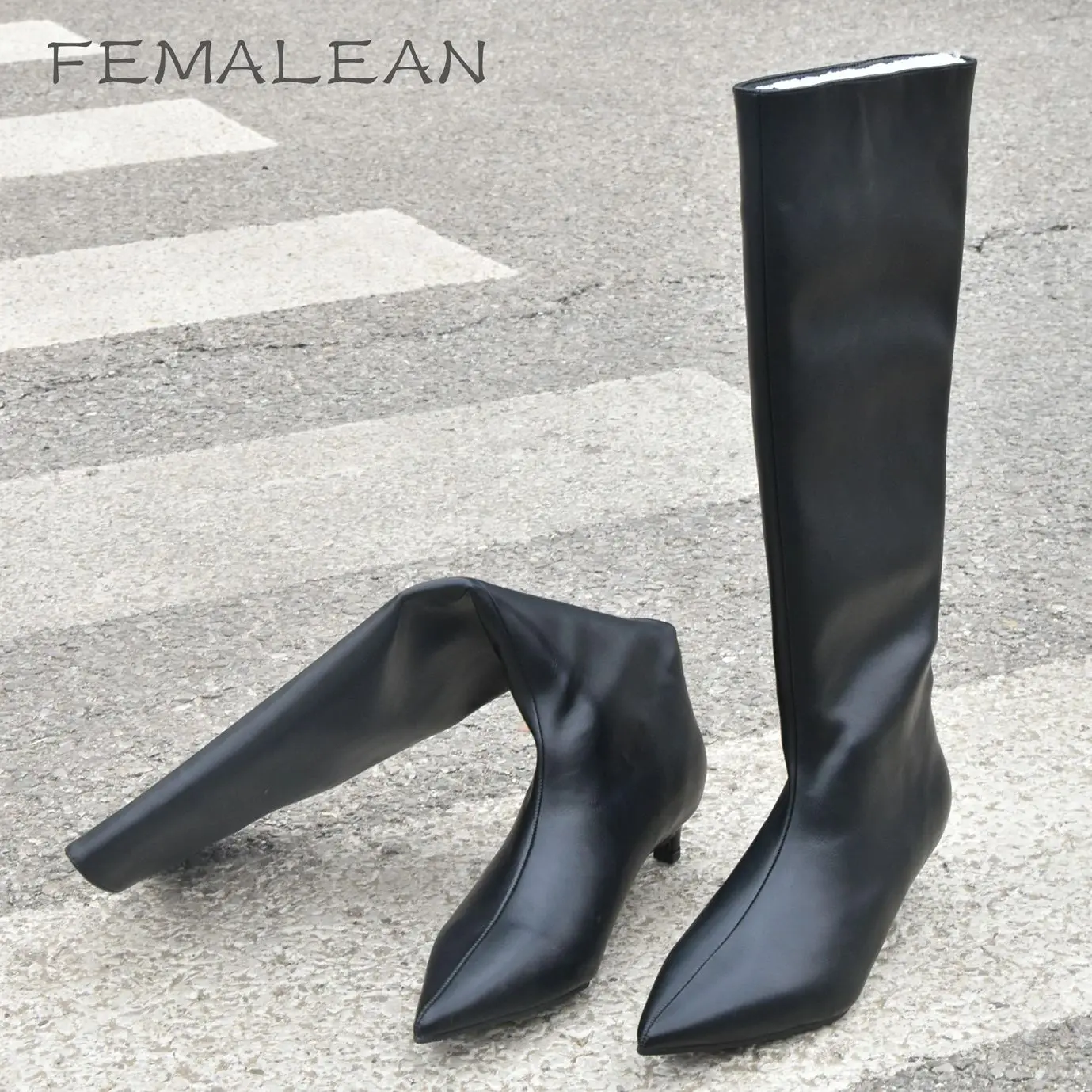 Cowboy Boots Long Knee High Black White Thick Calf Kitten Heels Pointed Toe Luxury Designer Shoes For Women Offer