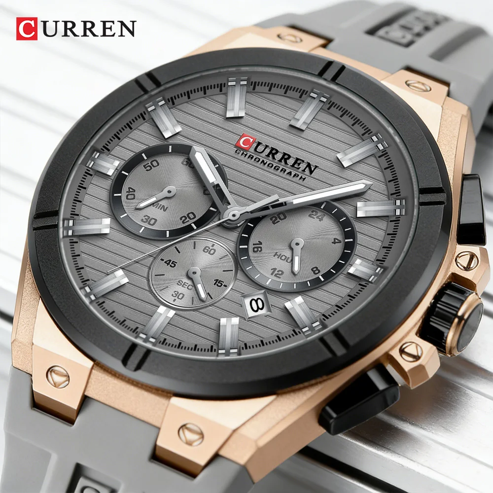 CURREN Moder Design 43mm Watch for Men with 3 Sub-Dials Quartz Movement Casaul Silicone Strap Wristwatch Luminous Hands and Date