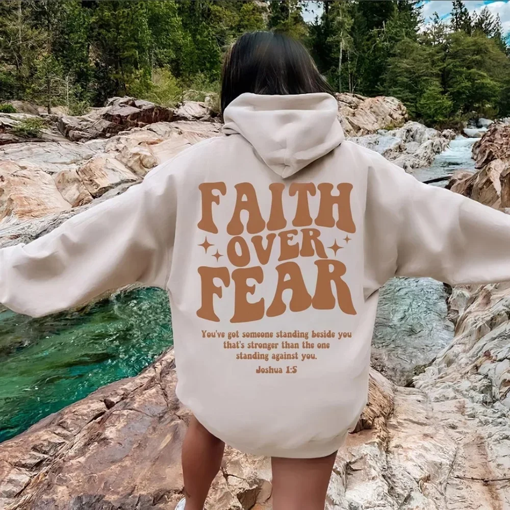 FAITH OVER FEAR Plush hoodie sweatshirt men and women autumn and winter couple tops loose