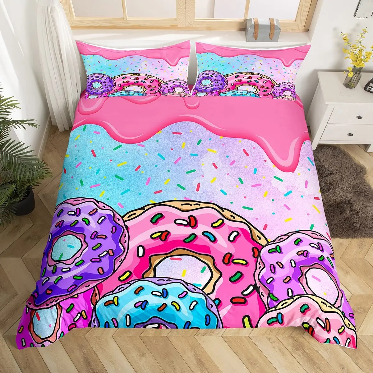 Kawaii Donut Duvet Cover Twin King Colorful Sweet Food Bedding Set Delicious Dessert Comforter Cover Girls Teen Room Dorm Decor