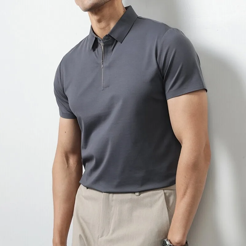 

Летние шелковые рубашки поло с короткими рукавами, мужские классические однотонные повседневные футболки с полумолнией и лацканами, универсальные деловые футболки-поло