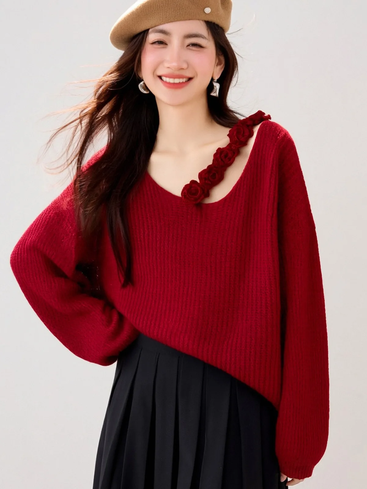 

Red V-Neck Knitted Sweater Women's Spring Autumn Floral 3D Design Unique Beautiful Casual Loose Fit Long Sleeve Top