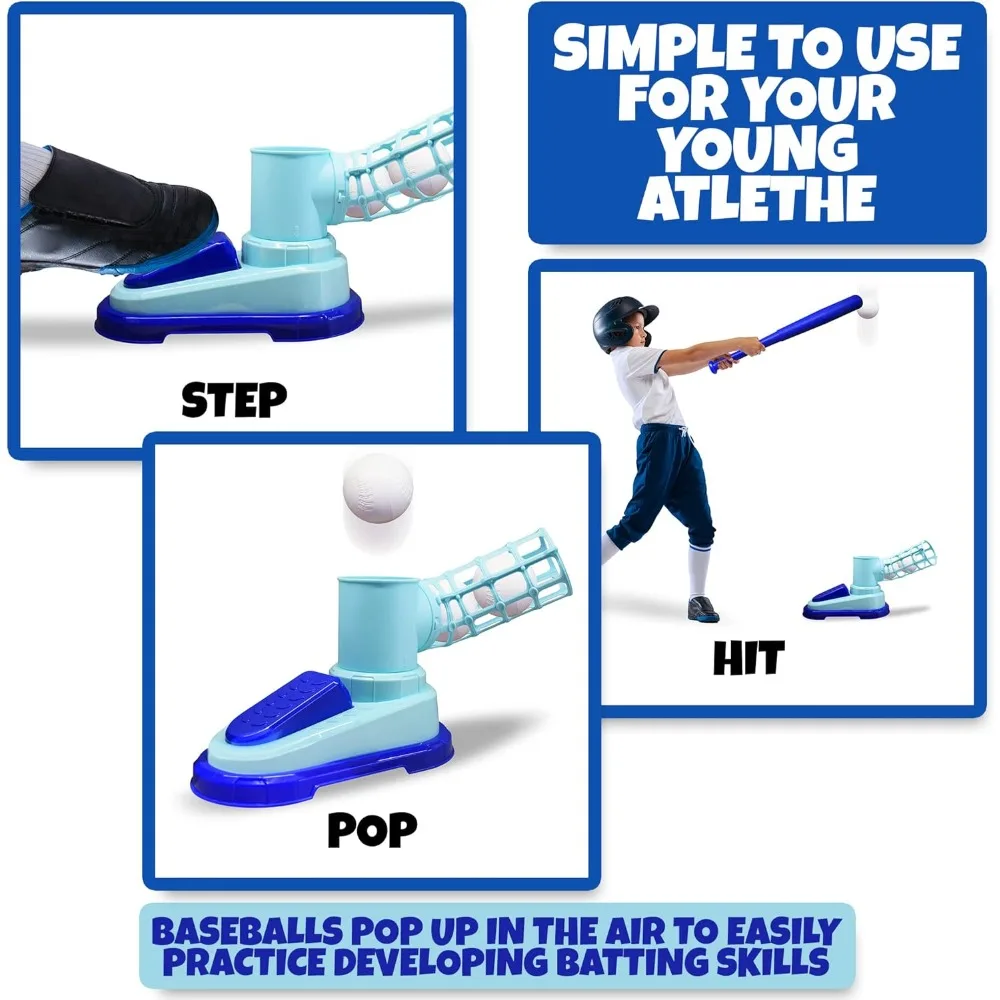 Baseball Tee T-Ball Set for Kids Toddler Baseball Set with Step-On Pitching Machine Pop Up Balls Outdoor Christmas Gift for Boys