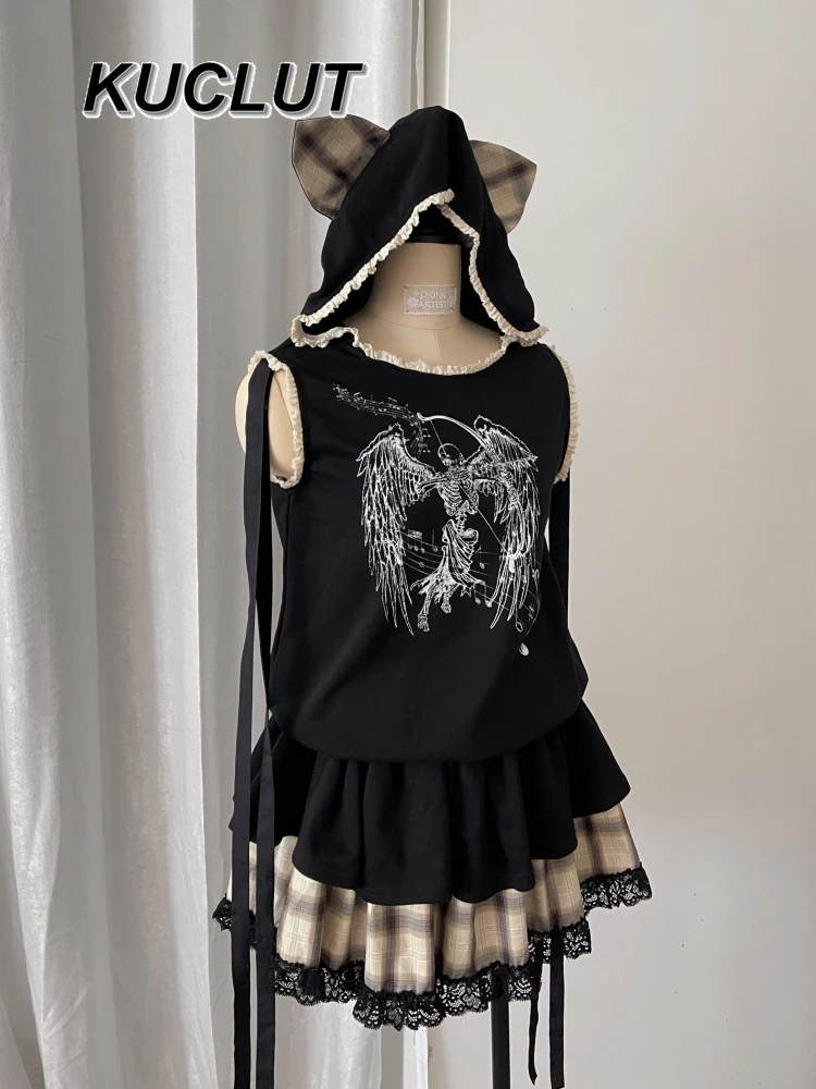 

Sleeveless Dresses for Women Summer 2025 New Hooded Y2k Punk Style Print Lace Vest Strap Plaid Loose Casual Dress for Lady