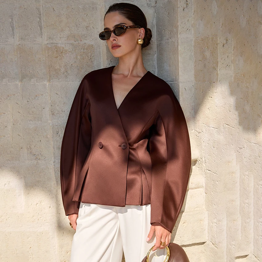 

Linad Office Brown Satin V Neck Woman Blouse Elegant Double-Breasted Split Shirts Female Autumn Long Sleeve Wine Red Top 2025