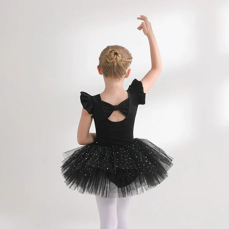 Girls Leotards Black Ballet Dance Top Ruffle Short Sleeve Gymnastics Outfits Bowknot Front Cotton(Toddler/Little Kid/Big Kid)