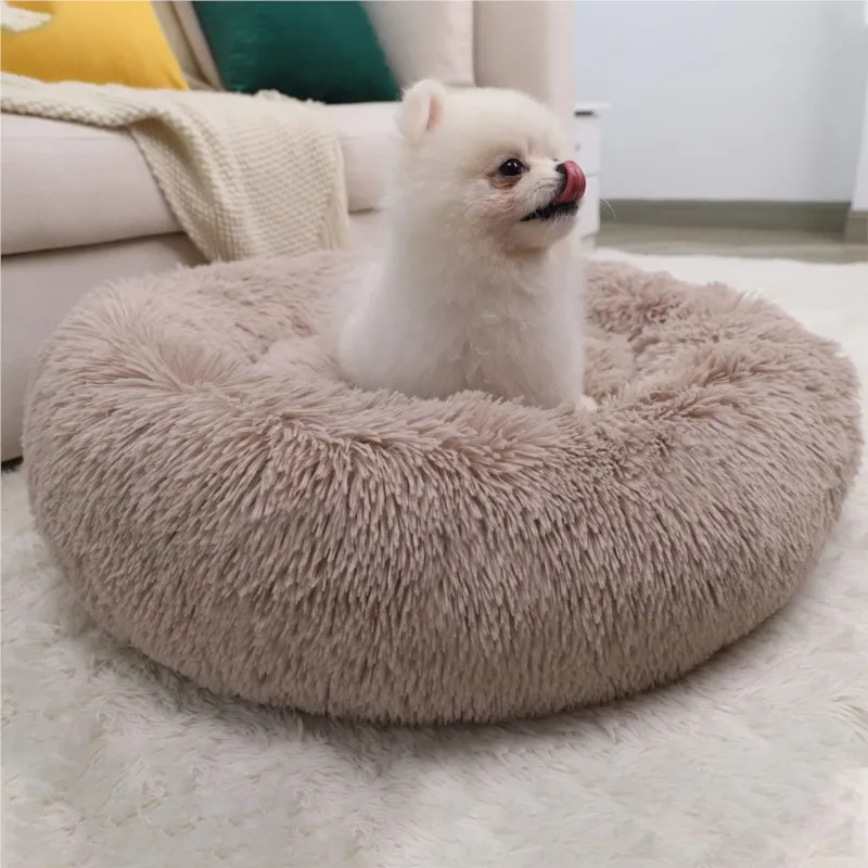 Calming Dog Bed for Small Dog & Cat, Comfy Washable Round Plush Puppy Bed with Fluffy Faux Fur for Anti Anxiety and Cozy