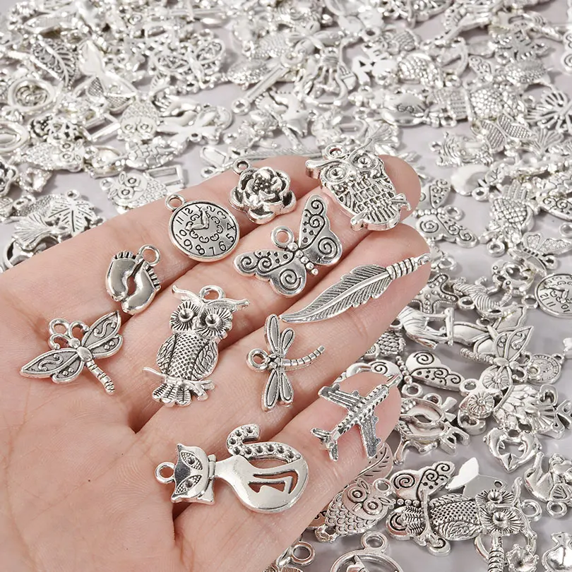 Antique Silver Color Random Mix Bow Tie Bee Leaf Metal Charms For Jewelry Making Supplies Bulk Cute Pendant Charm DIY Bracelets
