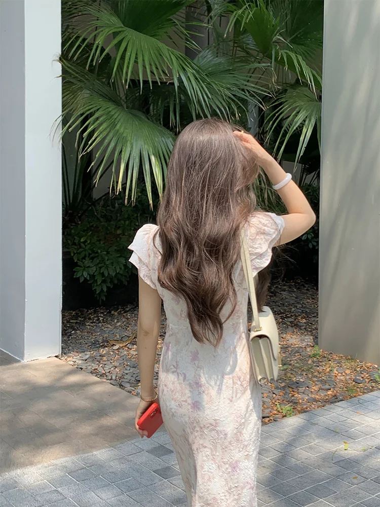 Zoete zachte bloemenprint A-lijn Dr dames lente zomer afslankende lange rok ort Sve V-Ne Bubble Sve-jurk