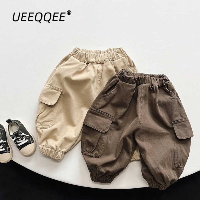 Spring Autumn Children Pants 1-8Y Boys Cotton Pockets Solid Loose Daily Cargo Trousers Korean Toddler Wear Kids Clothes 2024 New