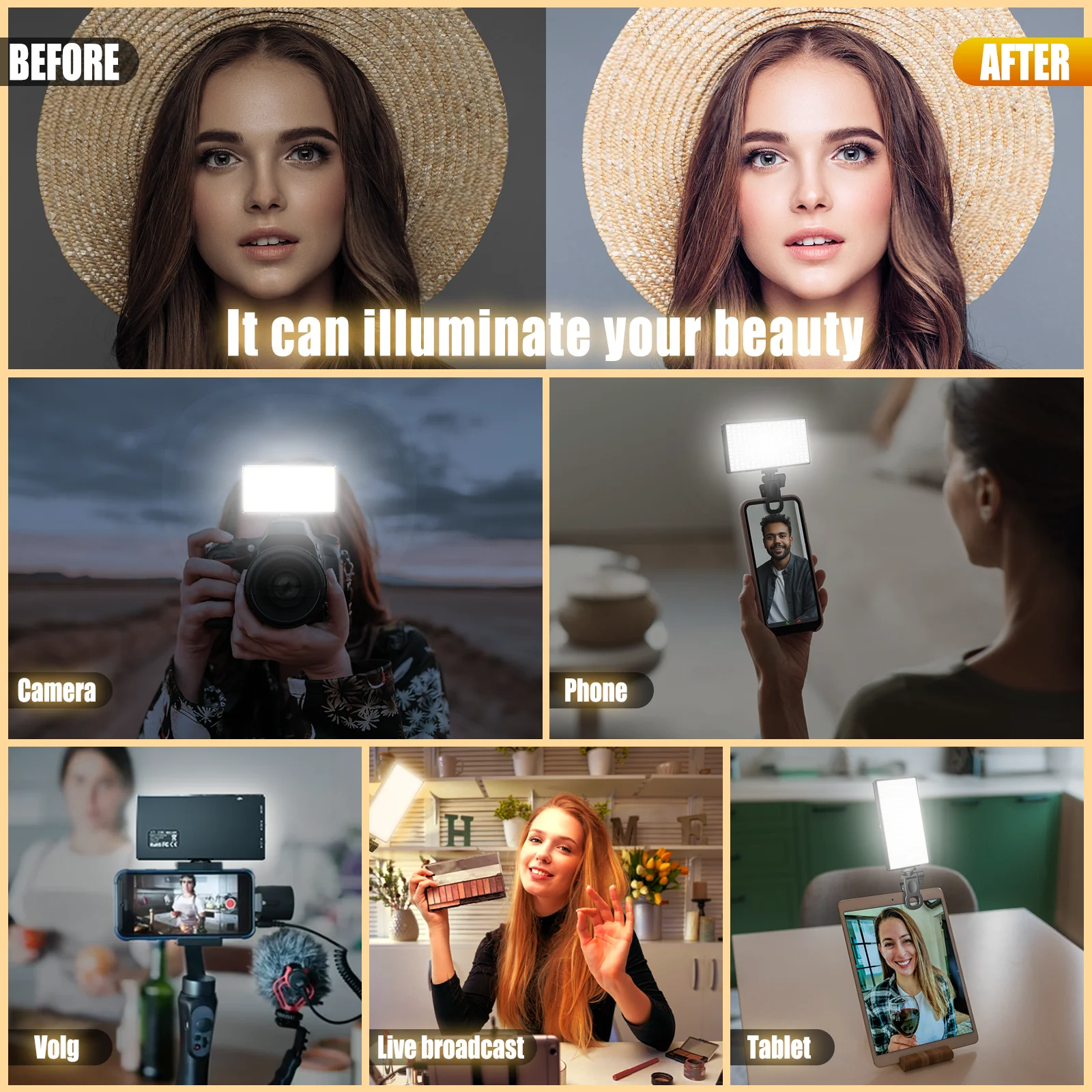 192pcs LED Lamp Beads Camera Light Fill Light Rechargeable 3000 MAh Ajusted 3 Light Modes Portable Make Up Light  2500-9000K