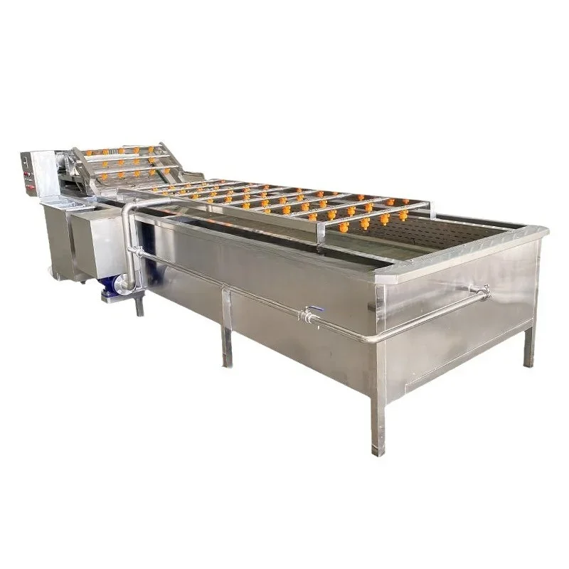 

Continuous fruit bubbling spray cleaning machine