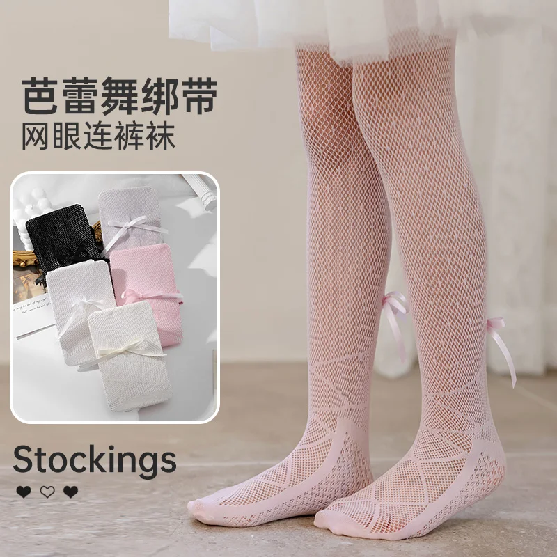 Summer Ballet Strap Bow Tights For Baby Girls Hollowed Out Mesh Kawaii Leggings Breathable Dot Princess Toddler Kids Pantyhose