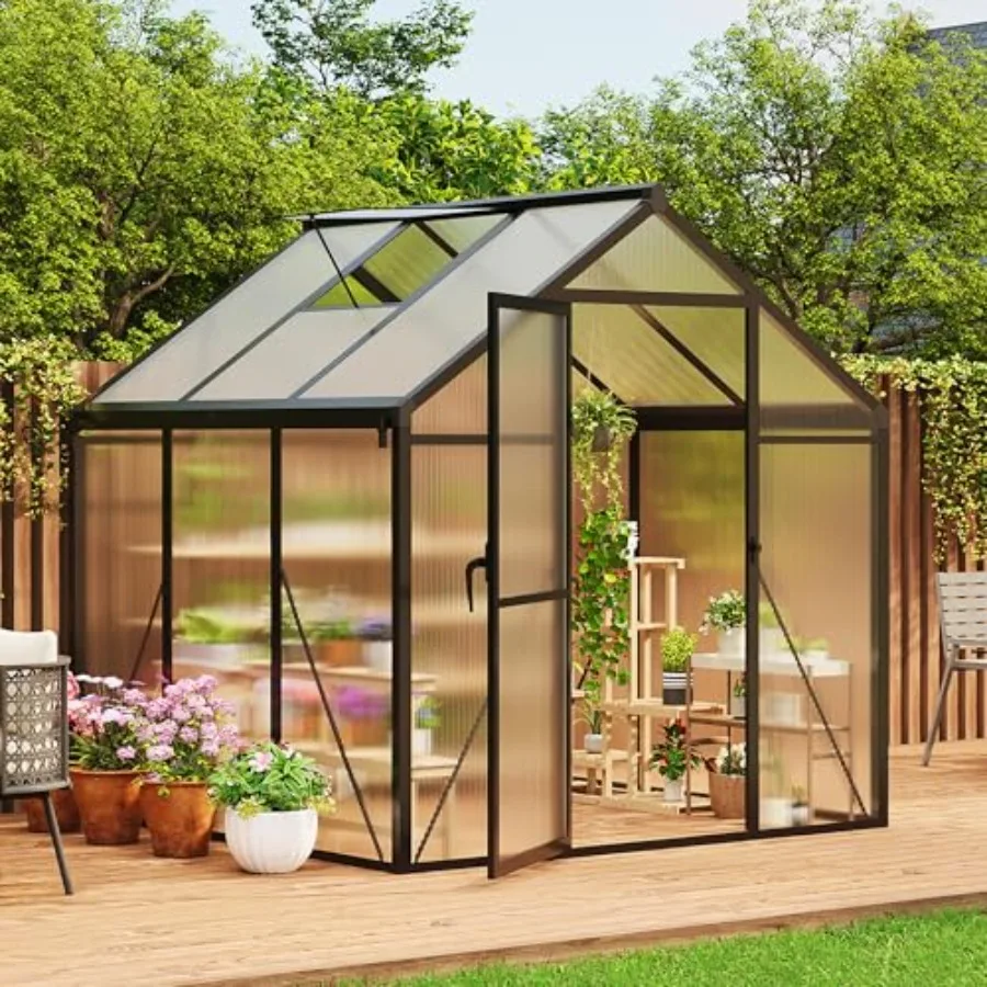 Feet house for Outdoors, Polycarbonate house with Aluminum Frame, Lockable Door, Adjustable Roof Vent and Rain Gutter, for Back