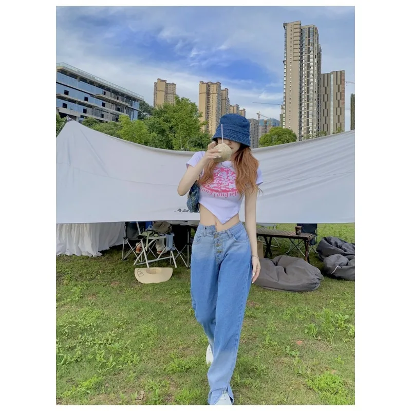 Y2K 스트릿웨어 빈티지 아메리칸 크롭탑 섹시 슬림핏 퍼니 프린트 반팔 티셔츠 신상 여름 섹시 패션 여성 상의 2025