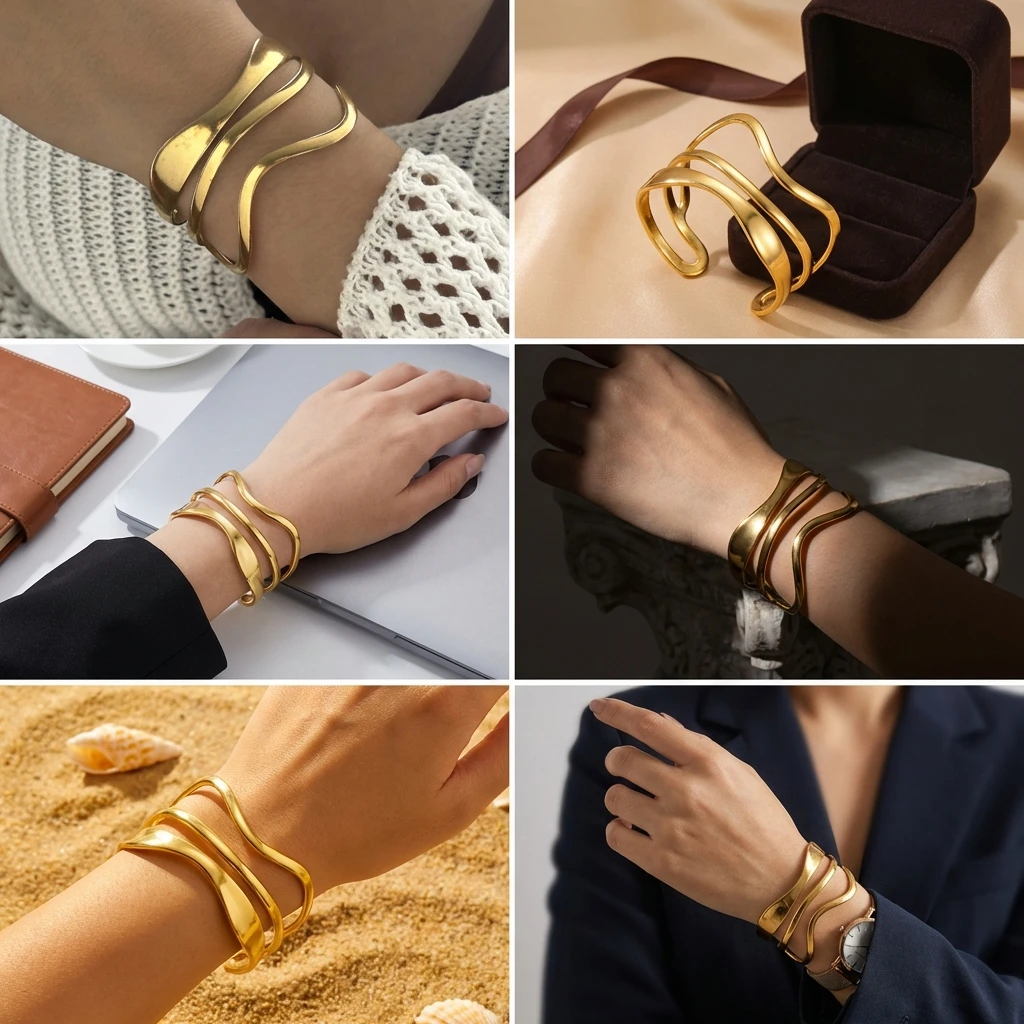 Modischer Charm-Armreif aus Edelstahl, Verstellbarer Wellen-Armreif für Damen, Seestern-Blumen-Design, Stapelbar, Party-Schmuck, Geschenke – Detail 7
