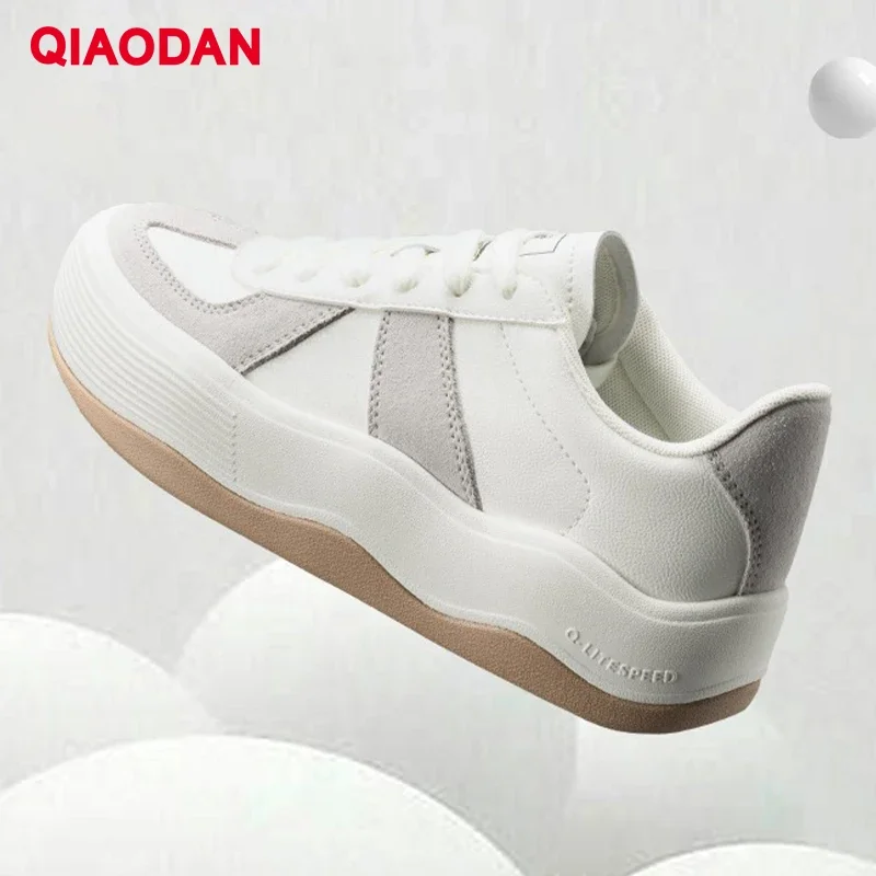 QIAODAN Casual German Trainer Shoes Women's 2024 Winter Thick Bottom Increased Leather Splicing Skateboarding Shoes XM26240502F