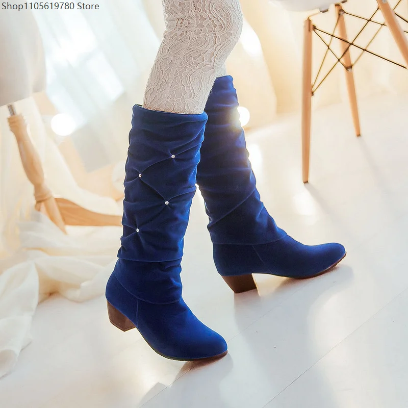 Autumn Winter Suede Women Wrinkle Rhinestone Chunky Mid Heel Mid Calf Plus Size Boots For Cross Border Cosplay Party Outfit 4