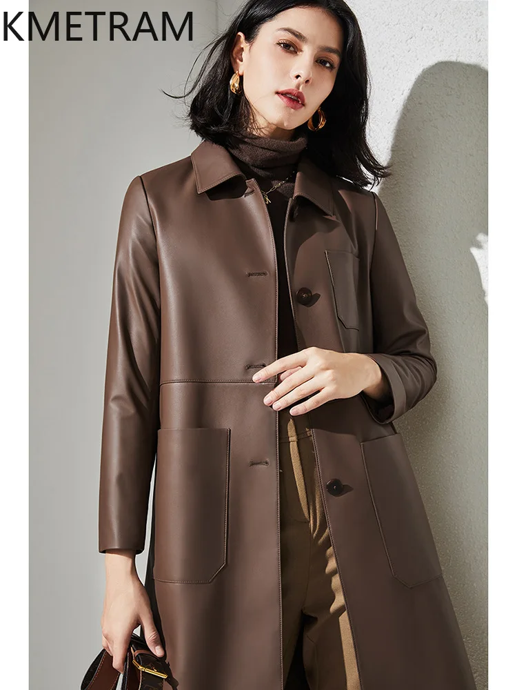 KMETRAM Genuine Sheepskin Leather Jacket Woman Mid-Length Autumn Coats Fashion Loose Coat 2026 New Women Clothing кожаная куртка