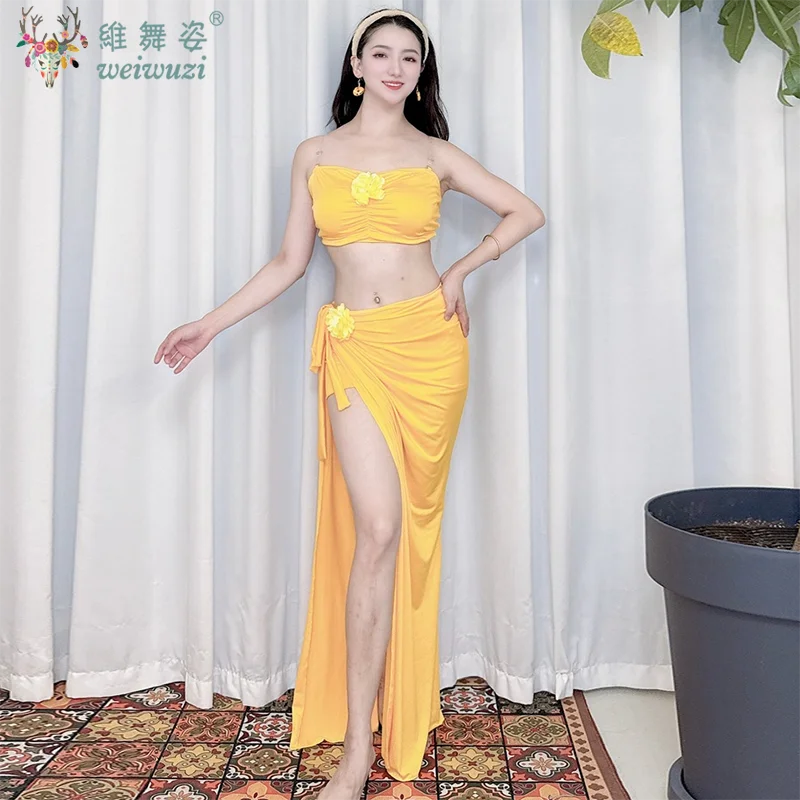 밸리 댄스 슈트 여성 성인 우아한 Strapless 탑 연습 옷 여성 셔츠 스플릿 롱 스커트 성능 의류 세트