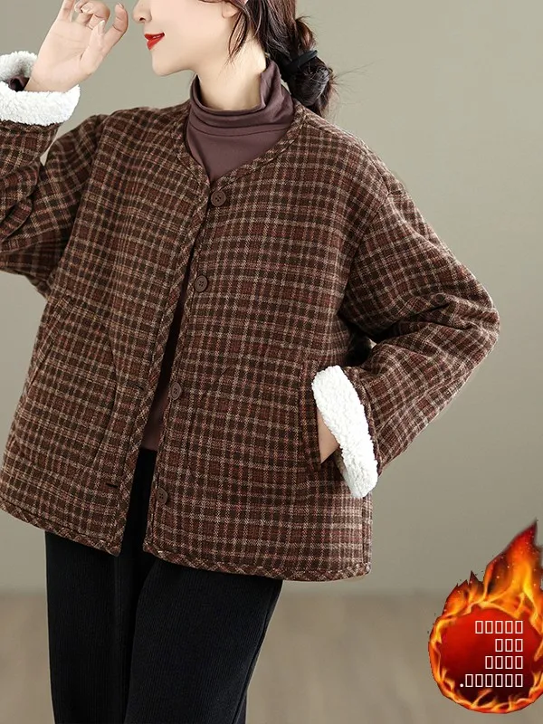 

Winter Plaid Woolen ort Coat Casual Fce Lined Warm Versatile Cotton Blend Korean Sle Slim Fit Long Sve round Ne