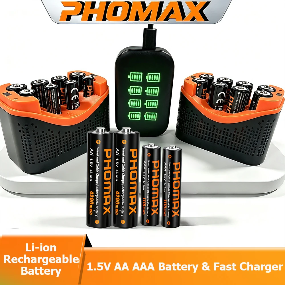  PHOMAX 1.5V Lithium Rechargeable Batteries & Fast Charger AA/AAA 4200mWh/1110mWh Li-Ion Battery For Microphone Toys Remote