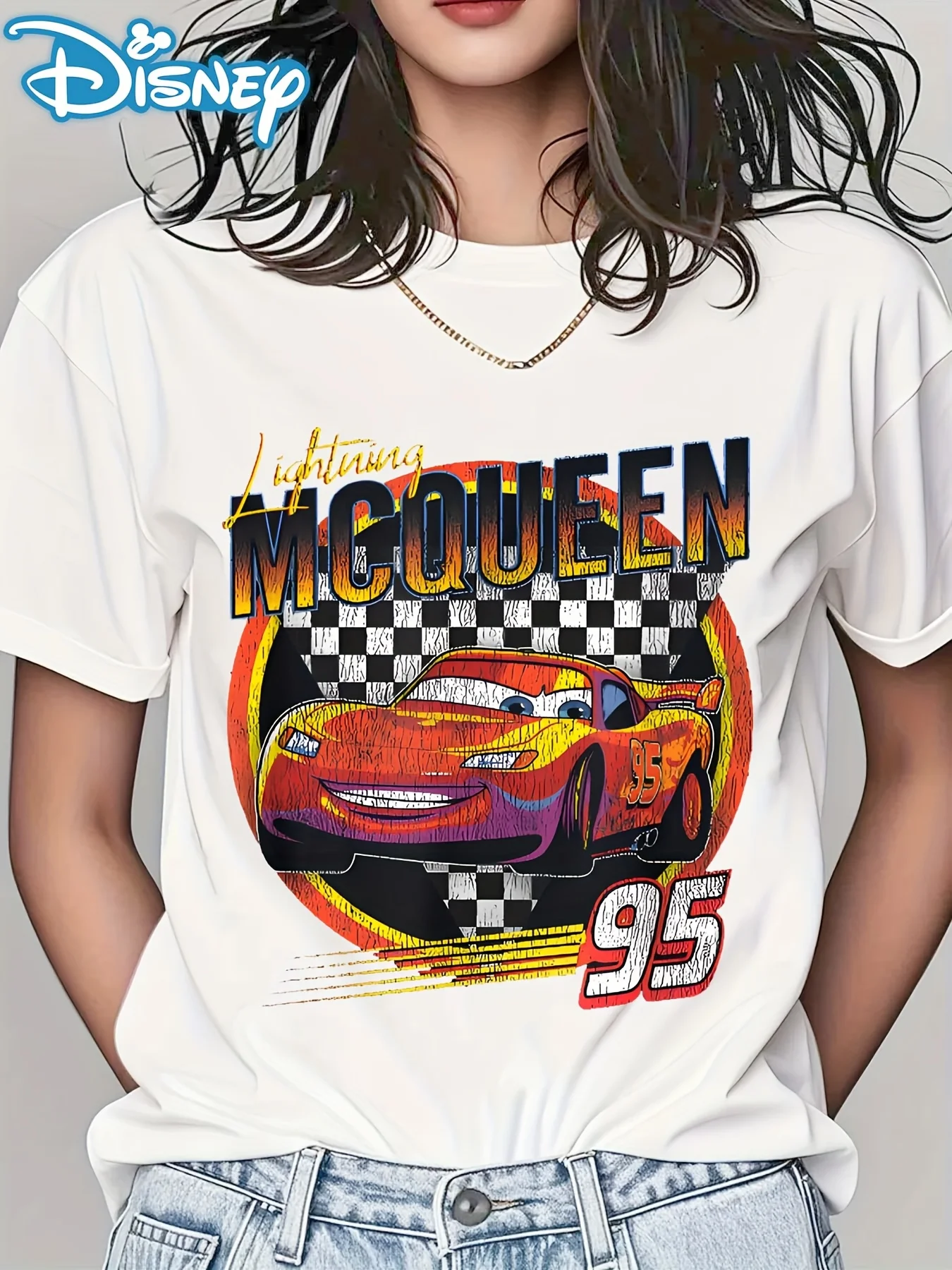 

Disney Car Lightning McQueen Pattern Women's T-shirt - Retro Street Plaid Flag Loose Edition Short Sleeve Round Neck