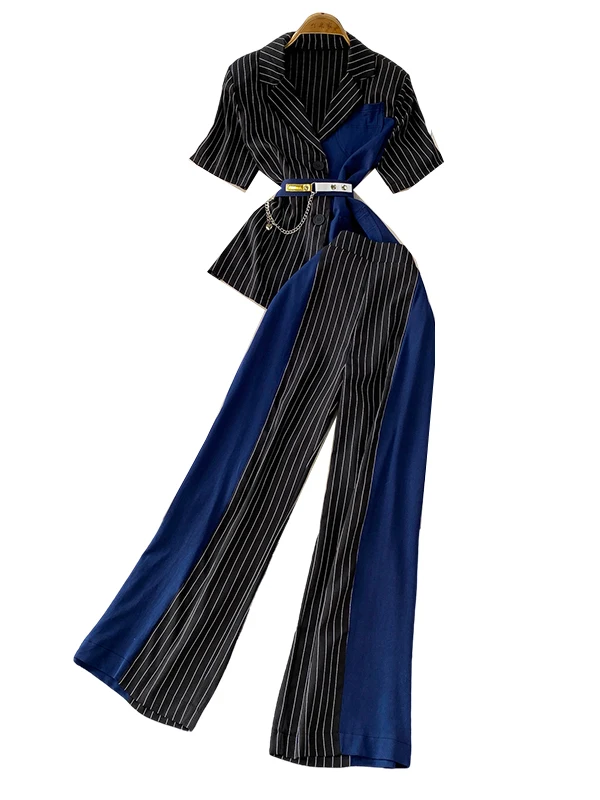 Faionable Denim Patchwork Stripe Suit Jaet irt Belt Waist High Waist Wide Leg Pants Set Women's Summer 2025 V Ne Button