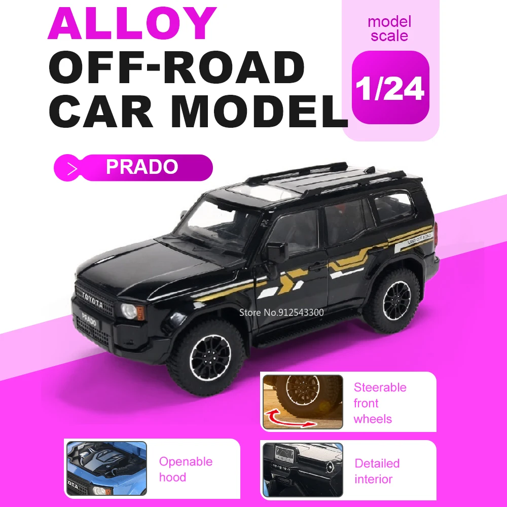 

Масштабная модель Toyota Land Cruiser Prado LC250 1:24, полицейская машина, игрушка с музыкой и светом, металлическая литая модель, открывающиеся двери, амортизация, внедорожник, подарок для детей