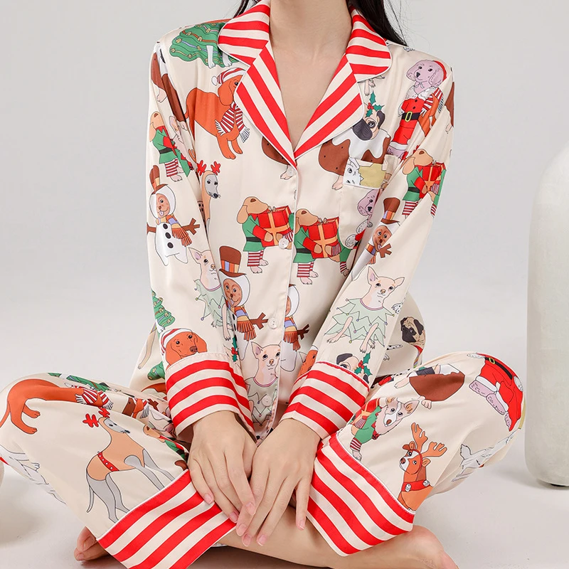 Silk Satin Pajamas Set Nightwear Print Cute Cartoon Pijama Mujer Autumn Spring Women\'s Home Clothes Long Sleeve Sleepwear