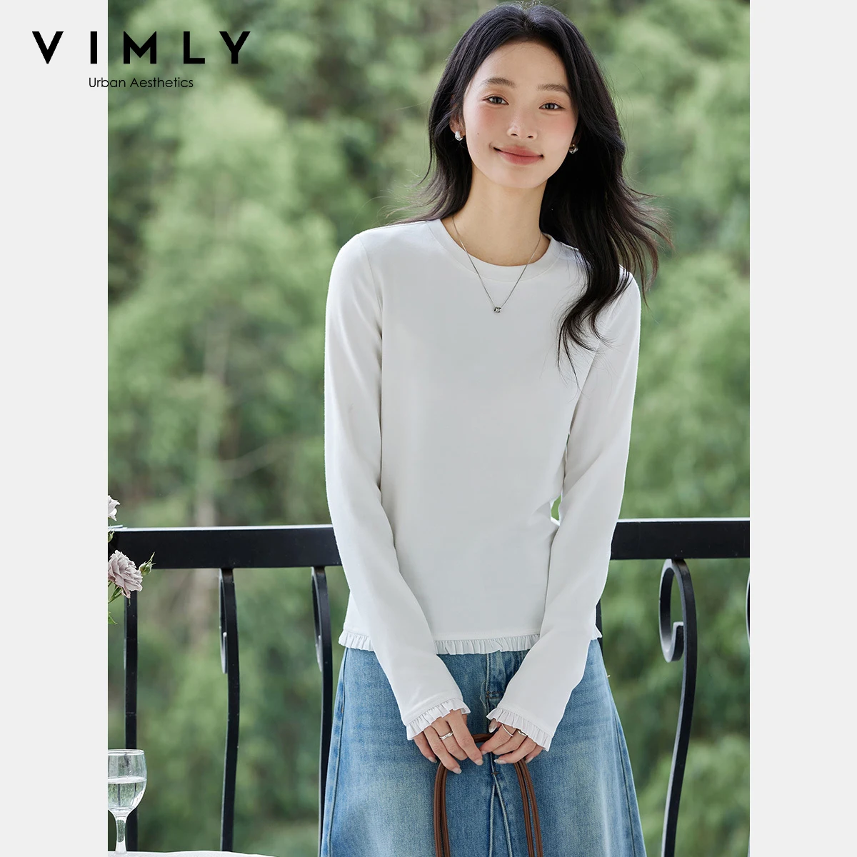 VIMLY Women's Long Sleeve T-shirts Casual Ruffle Splicing Hem Crew Neck Tops Autumn 2025 Knitted Female Tees Ladies Tops A2365