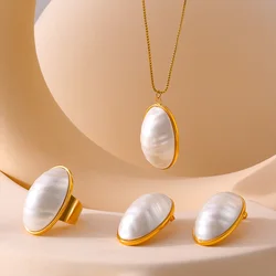 Stainless Steel Gold Plated Open Ring White Shell Oval Pendant Necklace Earrings Set Elegant Jewelry Accessories for Women