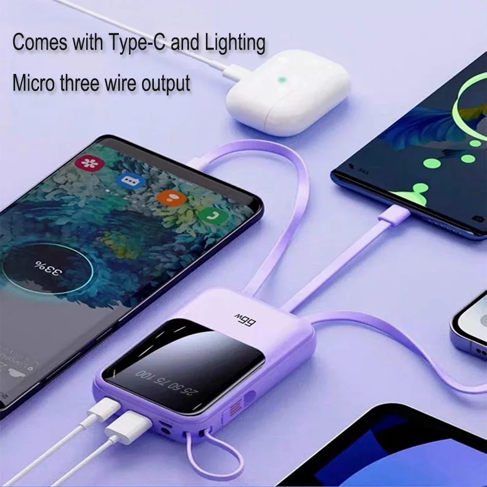 

66W Mobile Phone Power Bank 20000mAh With Built-in Cable, Compact, Portable, Mini, Super Fast Charging, Mobile Power Supply