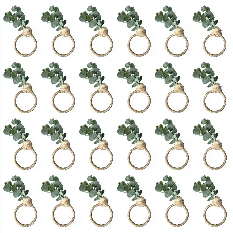 24pcs Napkin Rings Eucalyptus Leaf Napkin Rings Boho Wood Bead Farmhouse Napkin Ring Holder for Weddings Party Table Decorations