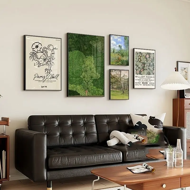 

Vintage Botanical Modern Retro Wall Art Set - Green Forest & Flowers Canvas Painting GreeFloral Decor for Living Room